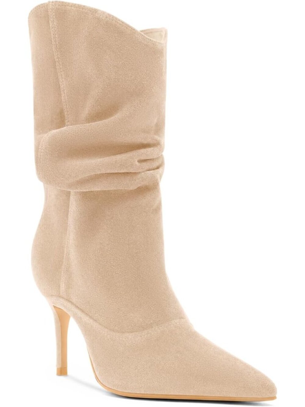 Women's Beige Slouch Mid Calf Boots High Heel Pointed Toe Pull On Dressy Booties